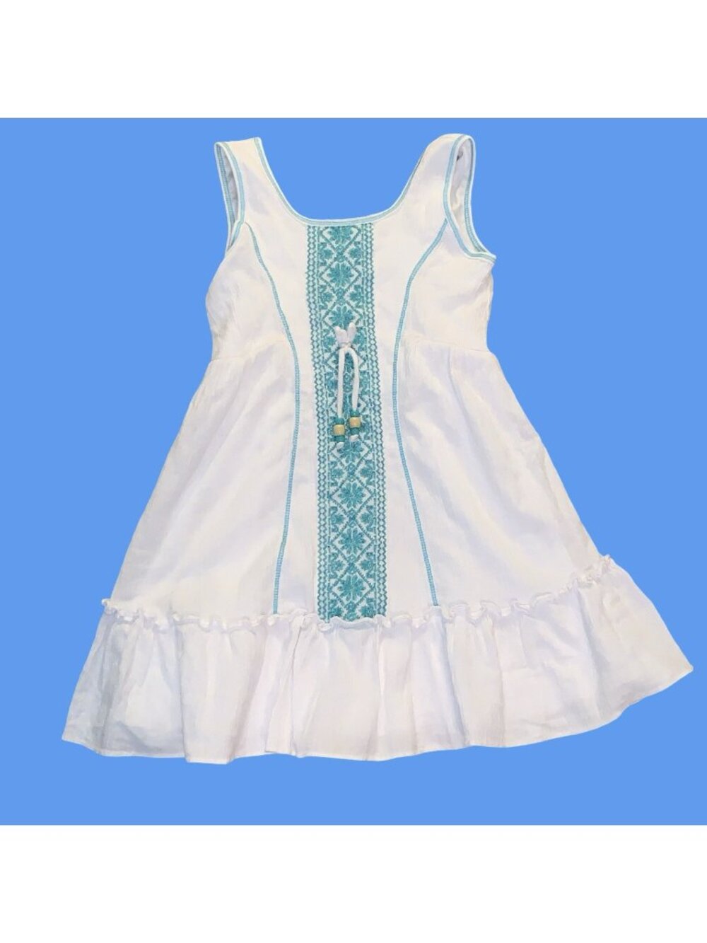 Jona Michelle Tank Dress White Teal Cotton Coverall Pool Summer Sun Top Girls 7